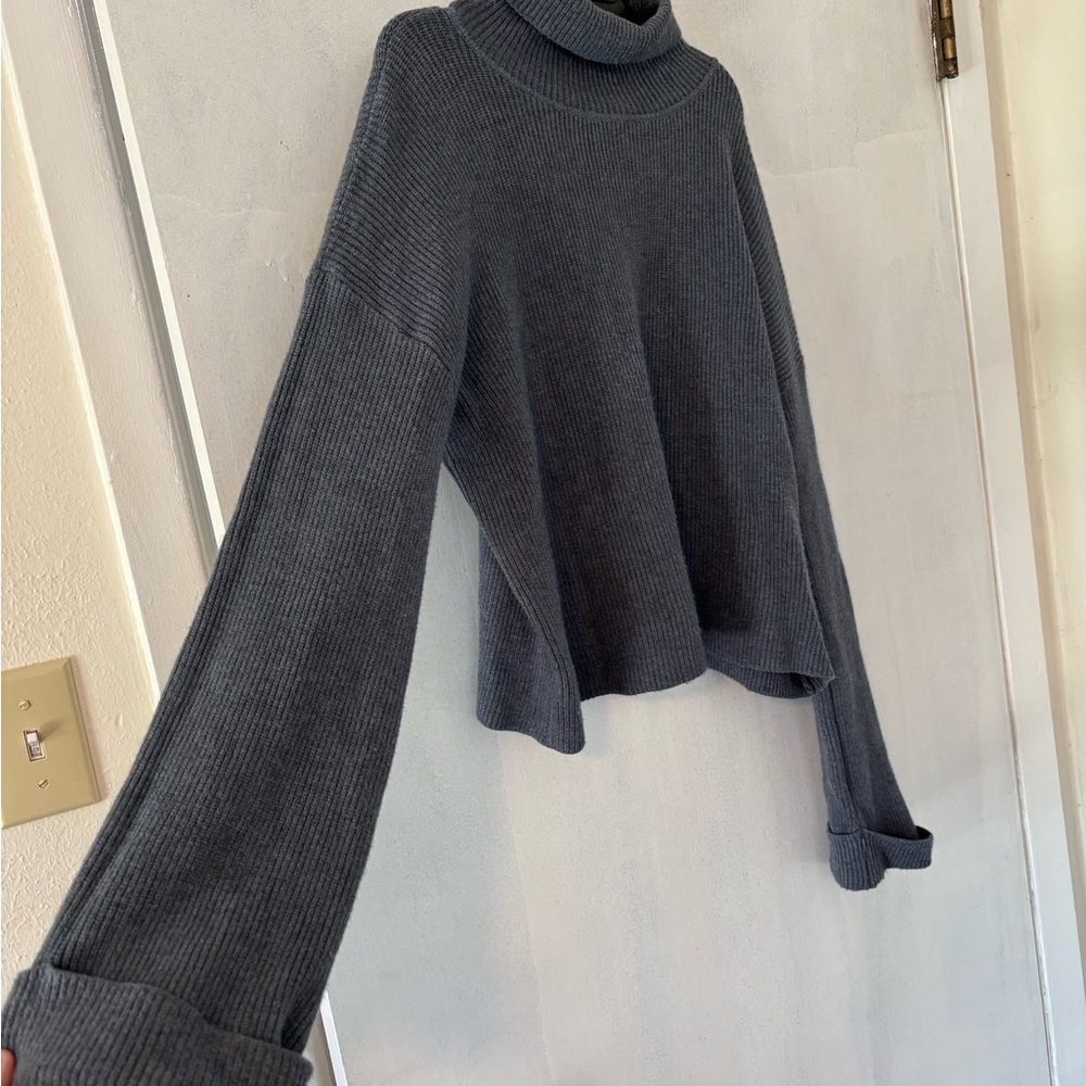 Gray Turtleneck Ribbed Knit Women's Sweater - Picture 2 of 6